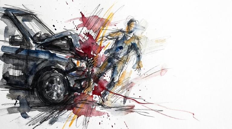 Abstract, flat graphic with comic-style borders. It shows a pedestrian in a lane and a Kia Sorento. The scene is respectful and non-graphic, depicting the moment of an impact. The tone is somber.