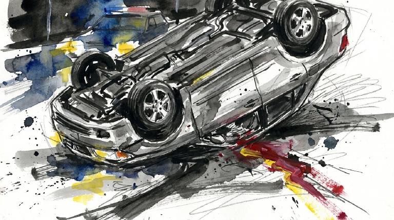 An abstract, flat graphic shows a dark vehicle shape overturned on a grey road. Sharp, angular lines radiate from the crash site, conveying impact. The entire scene has a thick, comic-style black border, adding to a stark, serious tone.