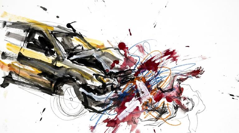 An abstract, flat graphic on a stark background. A dark silhouette of a person falls near a simplified car shape, suggesting a pedestrian collision. The scene is contained within a thick, comic-style border, setting a somber tone.