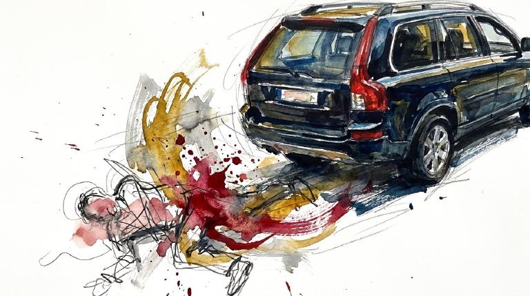 Abstract, flat graphic. A simplified vehicle icon backs into a person icon on a street. The stark image, framed by a thick comic-style border, depicts a serious pedestrian collision, conveying danger and carelessness.