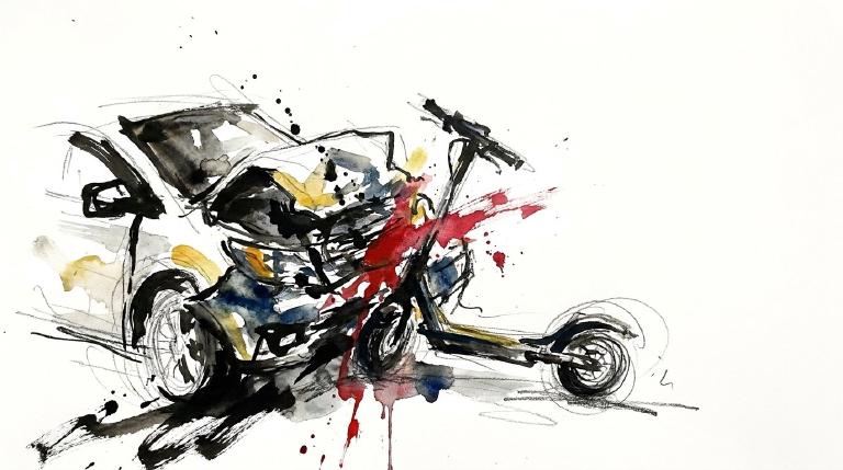 A flat, abstract graphic uses bold, fragmented lines in red, black, and gray to depict collision and chaos. A stark, dark comic-style border frames the urgent visual, underscoring the serious consequences of road incidents.