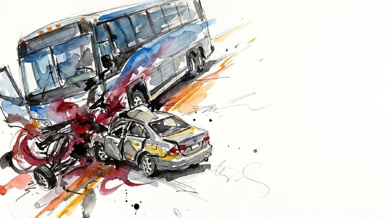 Abstract, flat graphic with comic-style borders depicts a coach bus sideswiping a Honda, then crossing a highway median. Two other vehicles are involved on the far side of the road. A respectful, somber tone.