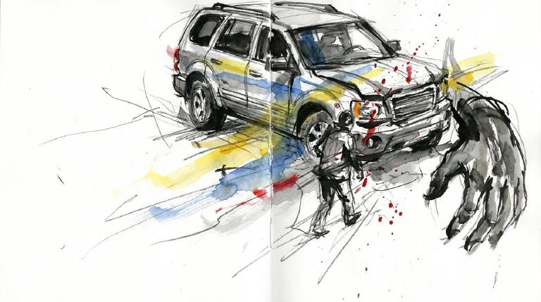 A flat, abstract graphic with comic-style borders illustrates a vehicle turning right into a crosswalk where a person is crossing. Simple shapes and a stark palette depict the moment of collision with a serious tone.