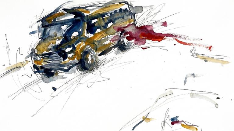 Abstract, flat graphic framed by thick comic-style borders. Two stark, simplified vehicles are shown at a point of impact on a simple street grid. A silhouette of a prone figure on the ground underscores the serious injury from the crash. The tone is