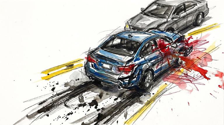 Abstract, flat graphic: Two minimalist cars are depicted in a rear-end collision, with impact lines at the point of contact. Faint, unsettling zigzag patterns above the vehicles suggest discomfort and injury. The somber scene is framed by a comic-sty
