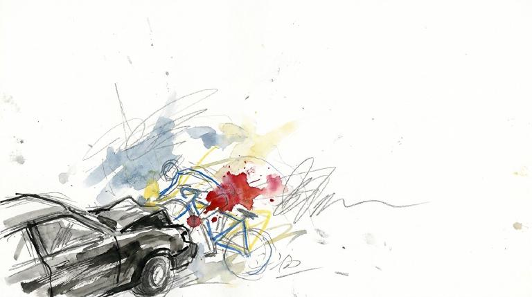 An abstract, flat graphic with thick comic-style borders. Stark, geometric shapes representing a vehicle and a cyclist collide, marked by a jagged red impact burst. Muted colors convey a serious, urgent tone about bike safety.