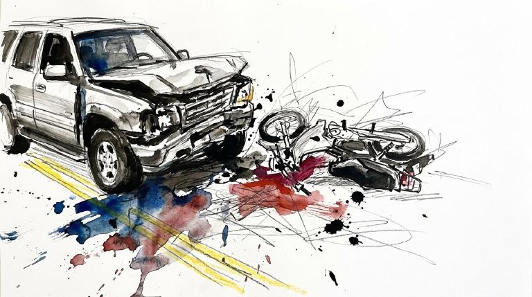 An abstract graphic shows two simplified vehicle outlines, a car and a motorcycle, colliding amidst jagged, comic-style impact lines. Stark colors and a minimalist design convey the serious tone of a crash.