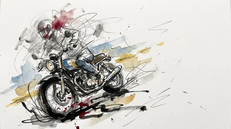 Abstract flat graphic. A simplified motorcycle shape is surrounded by jagged red lines and white stars, suggesting impact, ejection, and concussion. Comic-style borders frame the stark scene.
