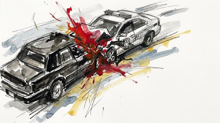 Abstract, flat graphic with comic-style borders shows two blocky car shapes colliding. Stark lines convey a serious impact in this simple, stylized depiction of a traffic incident.