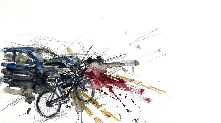 An abstract, flat graphic within comic borders. A turning bicycle is shown colliding head-on with an abstract dark BMW sedan at an intersection. The somber image depicts a fatal hit-and-run crash between a cyclist and a BMW driver.
