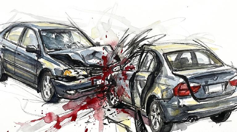 An abstract, flat graphic framed by comic-style borders. Two simple car shapes overlap slightly, with minimal lines radiating from the point of contact, conveying a rear-end collision. The tone is stark and urgent.