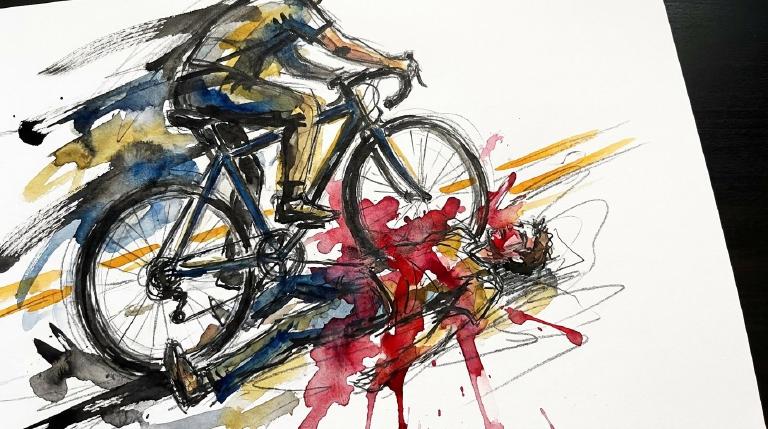 Abstract, flat graphic with comic-style borders. A red bicycle figure forcefully impacts a blue pedestrian figure. Jagged lines radiate from the point of collision, creating a stark, jarring scene of an unexpected accident.
