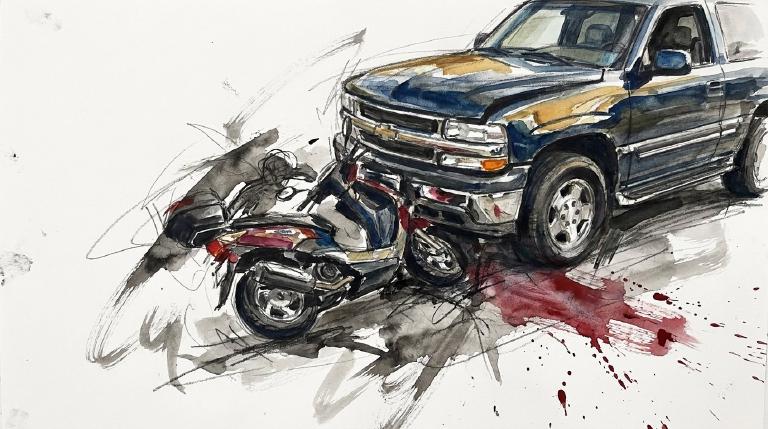 Abstract, flat graphic in comic-style borders. A large SUV, depicted mid-turn, is shown colliding head-on with a motorized scooter carrying two teens. The scene conveys a somber, serious tone, reflecting a fatal incident.