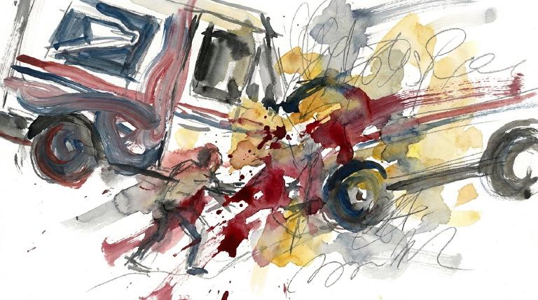 An abstract, flat graphic depicts a dark urban street and crosswalk. A stylized USPS box truck moves away, leaving behind a lone pedestrian figure in the crosswalk. Framed by a bold border, the stark illustration conveys the solemn aftermath of a hit