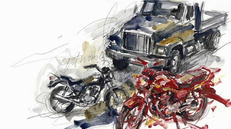 Abstract, flat graphic: Stylized outlines of a motorcycle and a car meet in the center of a dark road, rendered with sharp lines and muted colors. The stark composition conveys a sense of collision and serious consequence. The image is framed by comi