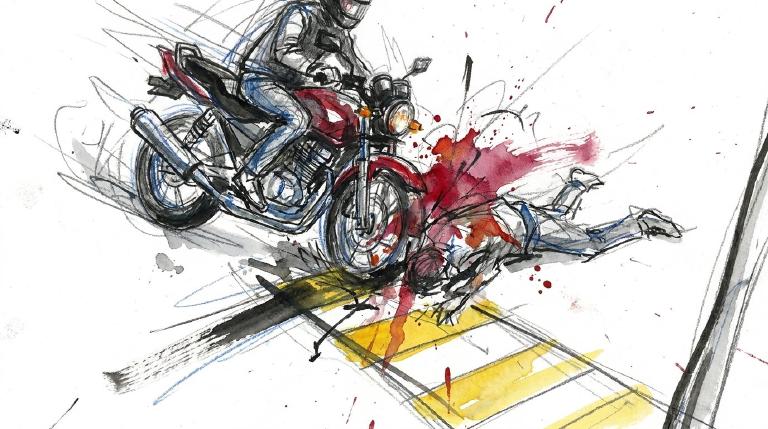 Abstract, flat graphic with comic borders. A motorcycle moves away from a crosswalk where a lone pedestrian figure is depicted. The scene conveys a somber, respectful tone, reflecting a fatal hit-and-run collision.