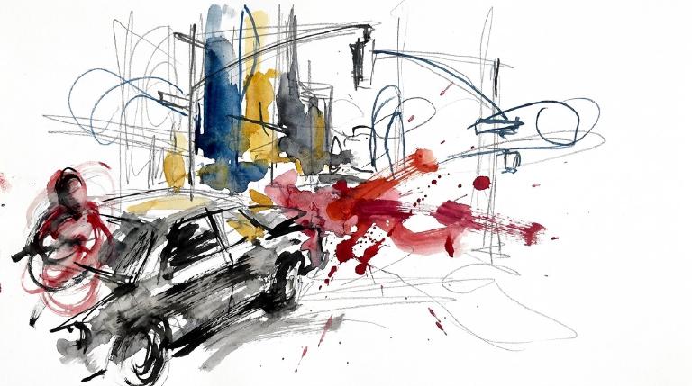 A flat, abstract graphic with comic-style borders. The somber scene depicts an intersection in Manhattan, with dynamic lines suggesting an impact point. No specific road users or vehicles are depicted, maintaining a respectful, non-graphic tone for a
