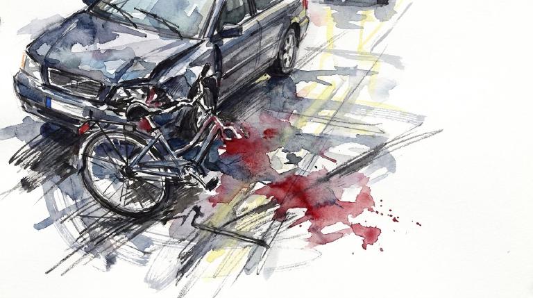 An abstract, flat graphic, framed by comic-style borders, depicts a collision. A stark, dark sedan and a bicycle intersect on a slick street, beneath a gray, rainy sky. The image conveys a somber, impactful urban scene.