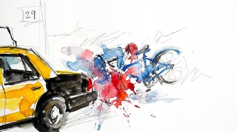 Abstract graphic with comic-style borders: A bold yellow taxi collides with a bicycle on a simple streetscape. The flat, stark shapes emphasize the sudden, impactful nature of the collision.