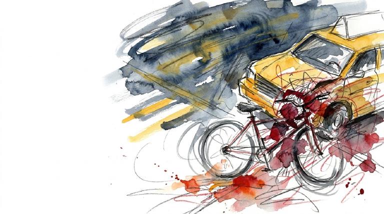 A flat, abstract graphic with comic-style borders. Dark, muted colors evoke a rainy city evening. Two simple shapes, representing a taxi and a bicycle, are positioned to show a collision, conveying the stark consequences of a driver's traffic neglige