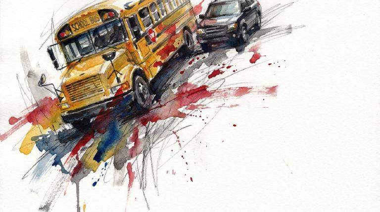 Abstract graphic with comic-style borders. Muted, flat colors show simplified bus and SUV shapes alongside a pedestrian icon at an intersection, suggesting a collision. The serious tone emphasizes urban road dangers and the urgent need for safer stre