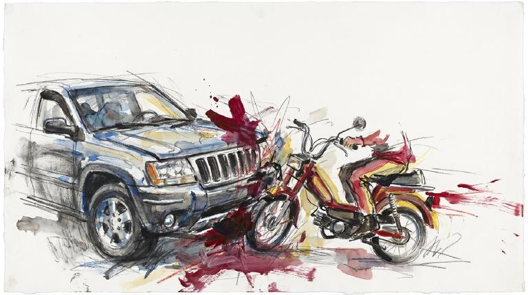 An abstract, flat graphic, framed with comic-style borders, shows a grey SUV striking a black motorcycle. The impact is shown with dynamic lines and small detached pieces, conveying a jarring, serious scene.