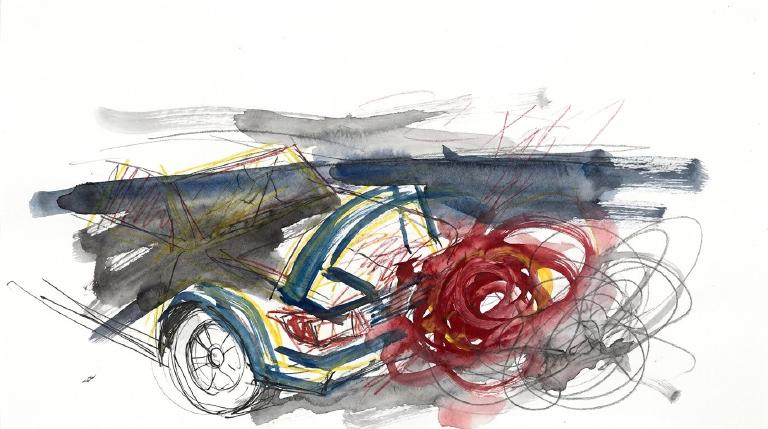 Abstract, flat graphic with thick comic borders. Simple geometric shapes depict a car turning into a pedestrian at an intersection. The stark visual style and composition convey the impact and serious nature of an urban collision.