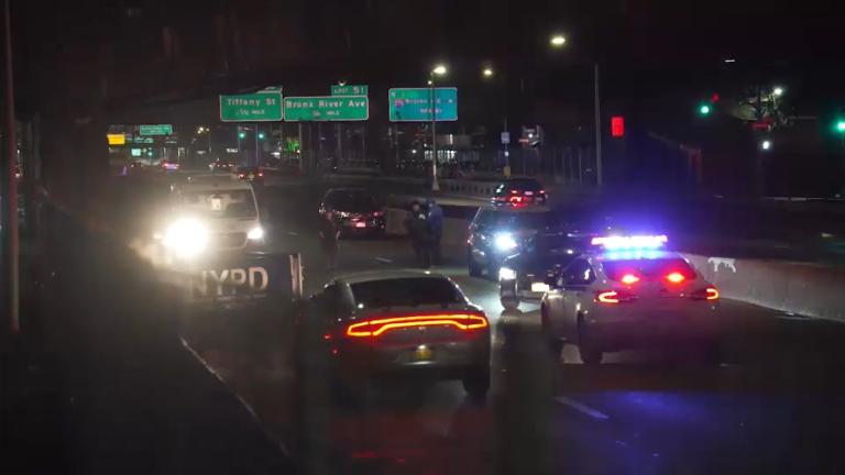 Night on the Bronx River Parkway. Two riders down.