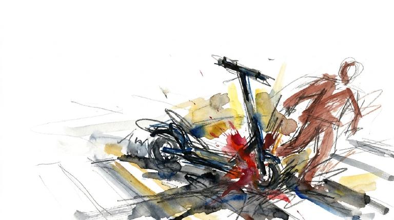 Abstract, flat graphic framed by comic-style borders. Minimalist shapes depict an electric stand-up scooter rider encountering a person in a marked crosswalk, with a solemn tone.