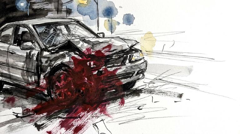Abstract, flat graphic framed by comic borders. It shows a fragmented scene suggesting a car crash, with angular shapes and a broken vehicle outline. Muted tones create a somber, jarring mood.