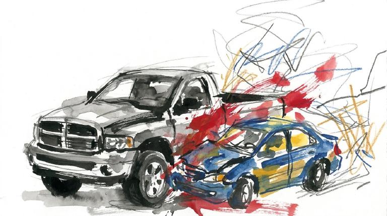 An abstract graphic shows two flat, simple vehicle shapes colliding at an intersection, marked by a starburst. Bold, comic-style borders frame the scene, conveying a stark, impactful representation of a crash.