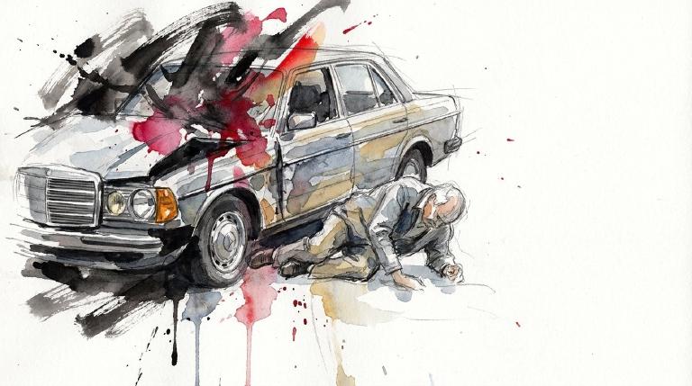 Abstract, flat graphic with comic-style borders. A stark depiction of a simplified car making contact with a pedestrian in a crosswalk. The urgent scene uses bold shapes to convey the impact of a dangerous traffic encounter.