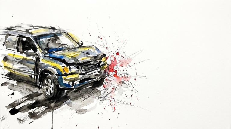Abstract flat graphic: A blue car making a left turn impacts a red pedestrian figure in a crosswalk. Bold yellow lines mark the pedestrian's path, while a dashed line shows the car's trajectory. The serious scene is framed with thick, comic-style bor