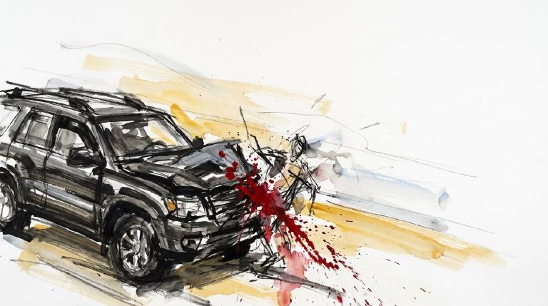 Abstract graphic depicts a simple, blocky SUV shape hitting a splayed human figure on a dark road. Thick, comic-style black outlines frame the stark collision, conveying the somber impact of a serious traffic accident.