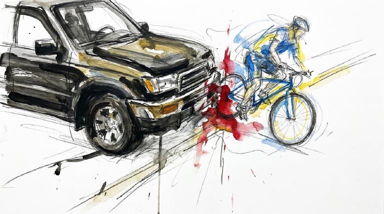 An abstract, flat graphic with bold, comic-style borders depicts a simplified gray SUV silhouette angled into a black bicycle icon. Red lines burst from their point of contact, suggesting impact. The scene has a stark, reportorial tone.