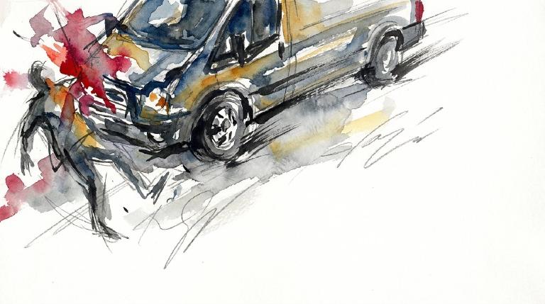 An abstract, flat graphic depicts a red van turning right, overlapping a grey pedestrian in a crosswalk. Rain falls. A phone icon hovers over the van, indicating driver distraction. The scene is framed by a subtle comic-style border.