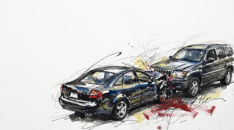 Abstract graphic framed by comic-style borders. Three flat, stylized cars are in a jarring collision on a road, conveying the sudden, severe impact.