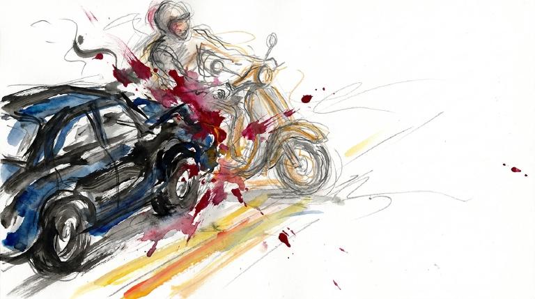 Abstract flat graphic: A gray sedan hits a blue moped on a dark road. A small phone icon appears near the car, symbolizing distraction. The scene is enclosed by comic-style borders, conveying a stark, impactful tone.