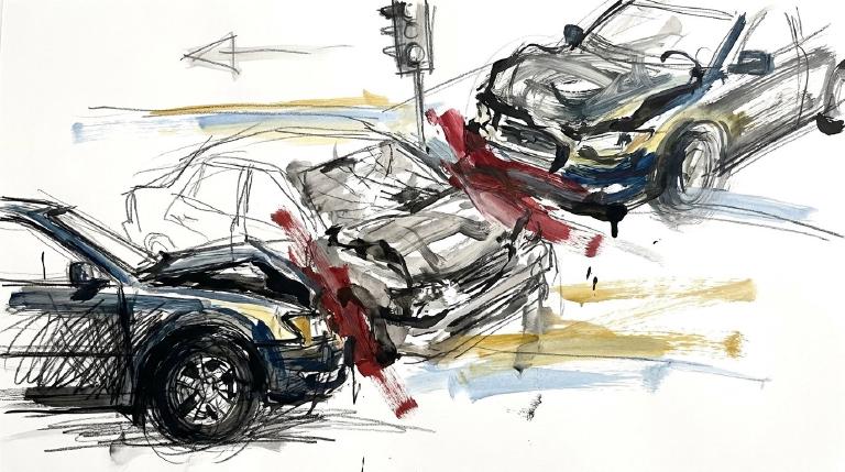 An overhead graphic shows two simplified cars, outlined with comic-style borders, colliding at an intersection. One car, turning left, hits the side of the other. The scene is stark and diagrammatic.