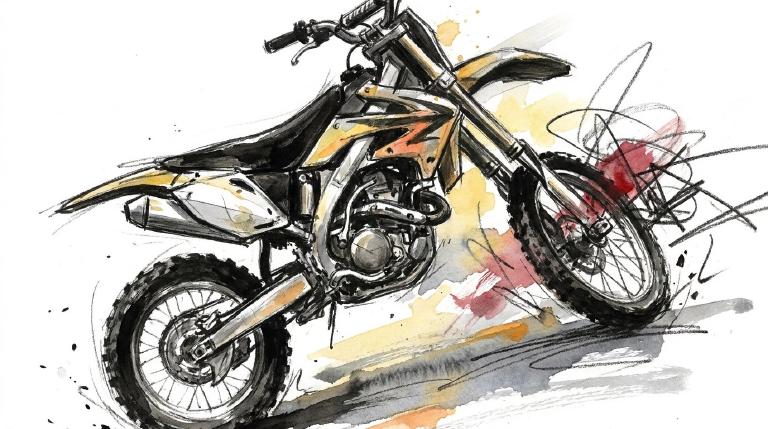 An abstract, flat graphic: A simplified person in mid-air, falling from a dirt bike. Dynamic lines emphasize the tumble and impact. The scene is rendered with flat colors and enclosed by bold, comic-style borders, conveying a stylized yet sudden acci
