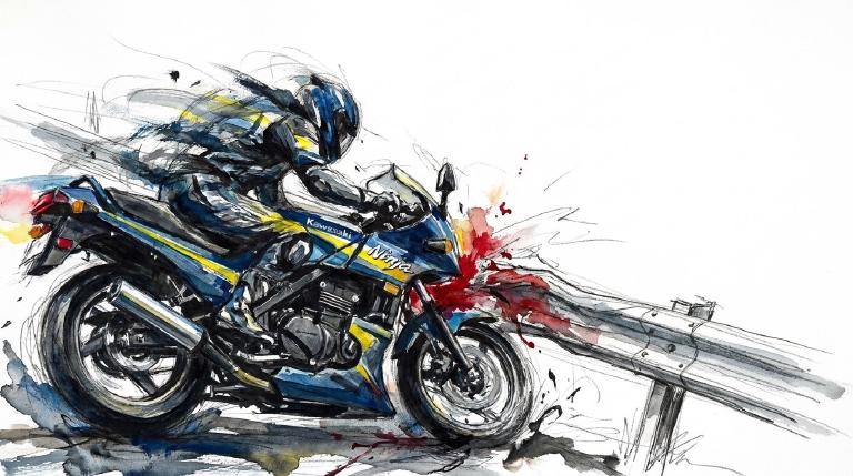 Abstract, flat graphic with comic borders. A motorcycle, rendered in simple shapes, is shown motionless next to a gray guard rail on a highway, depicting a fatal crash with a somber, respectful tone.