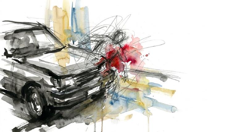 A stark, abstract flat graphic in red, black, and white. Jagged shapes and lines suggest a violent collision at a street intersection, conveying a sense of impact. Thick, comic-book style borders frame the scene, conveying urgency and danger.