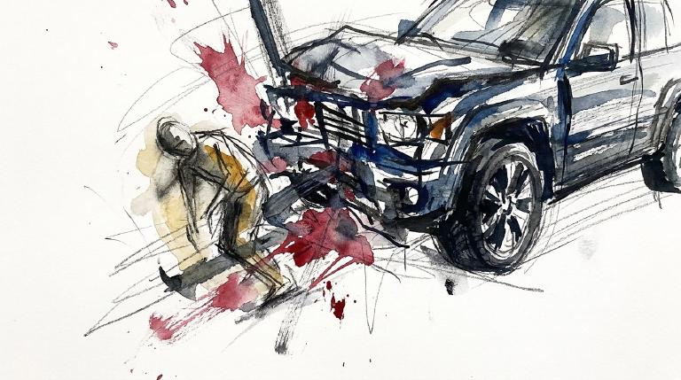 An abstract, flat graphic with comic-style borders shows an SUV turning left at an intersection, making contact with a pedestrian crossing. The tone is respectful and somber.