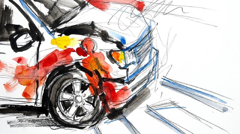A stark, flat graphic depicts a simplified, fallen figure on an abstract road near a blocky vehicle. Bold, comic-style outlines frame the scene, using muted colors with a stark red accent. The overall tone is somber, conveying a serious street incide