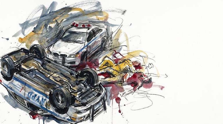 An abstract, flat graphic, framed by comic-style borders. A man lies horizontally on a stylized street. Two flat, distinct SUV shapes are positioned above him. The graphic uses a respectful, somber tone to depict a fatal incident.