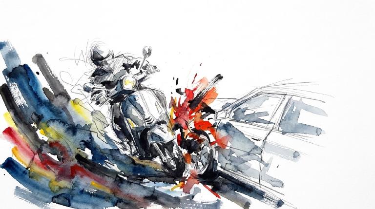 An abstract, flat graphic with comic borders. Two figures on a scooter swerve left from a parked car with an opening door. The muted colors convey a somber tone for a fatal traffic incident.