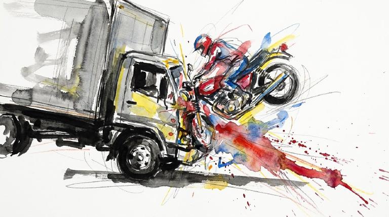 An abstract graphic depicts a box truck turning right, its side intersecting the path of a motorcycle. Framed by comic-style borders, the flat, minimalist shapes convey a somber and respectful tone about a traffic incident.