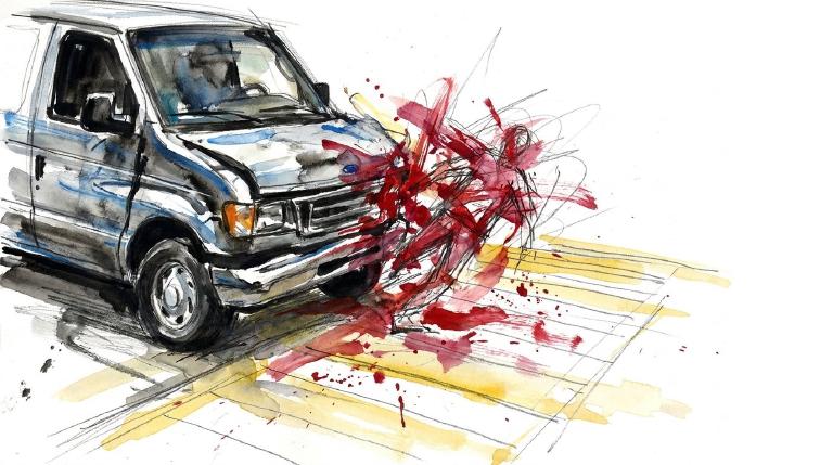 An abstract, flat graphic framed by comic-style borders. A simple blue van makes a left turn at an intersection with a crosswalk, nearing a small pedestrian figure. The stark lines and muted colors convey a serious, cautionary tone about driver respo