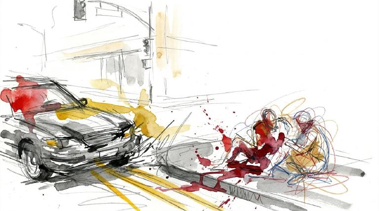 An abstract, flat graphic depicts a simplified car hitting two human figures, with impact lines. Stark lines and muted colors convey a serious, cautionary tone, all framed by bold, comic-style borders.