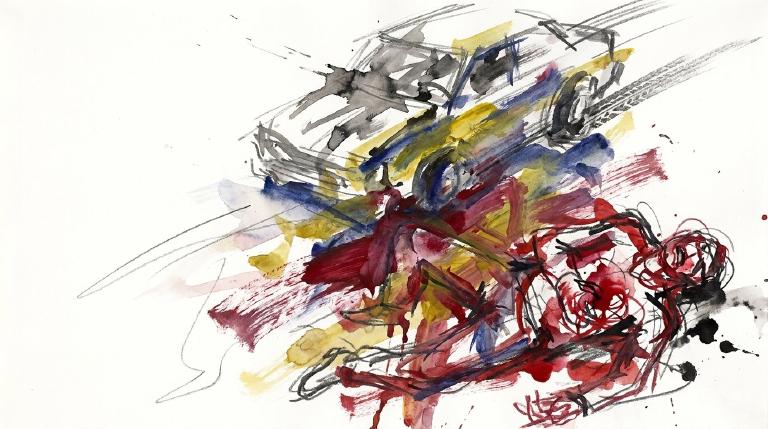 An abstract, flat graphic with thick, comic-style borders. Simplified shapes of a car and person meet on a flat road, marked by dynamic lines. The minimalist design and stark colors convey a sudden, impactful collision.